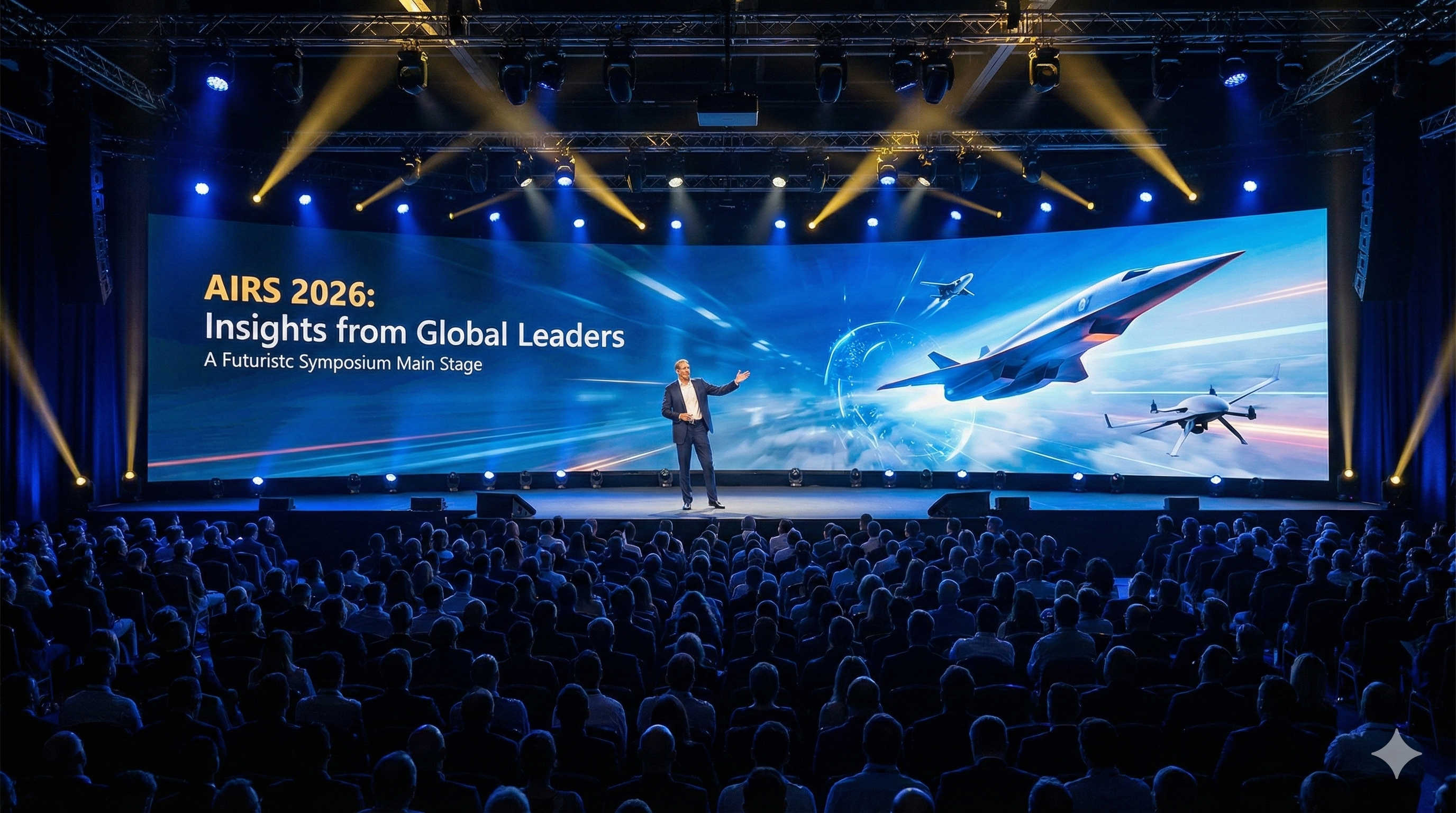 A charismatic keynote speaker at AIRS2026 symposium main stage gesturing towards a massive LED screen.